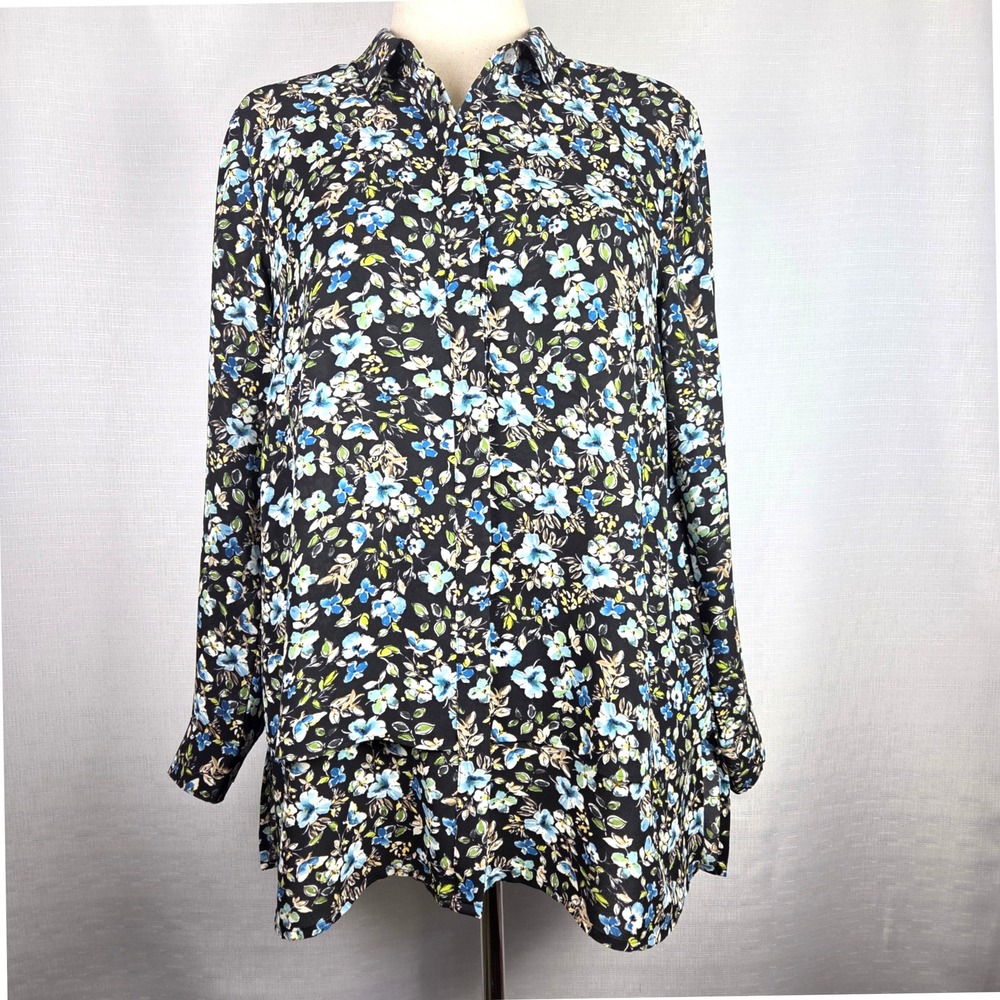 J.‎ Jill Floral Print Blouse Button Secretary Black/Blue Casual Women's Petite M
